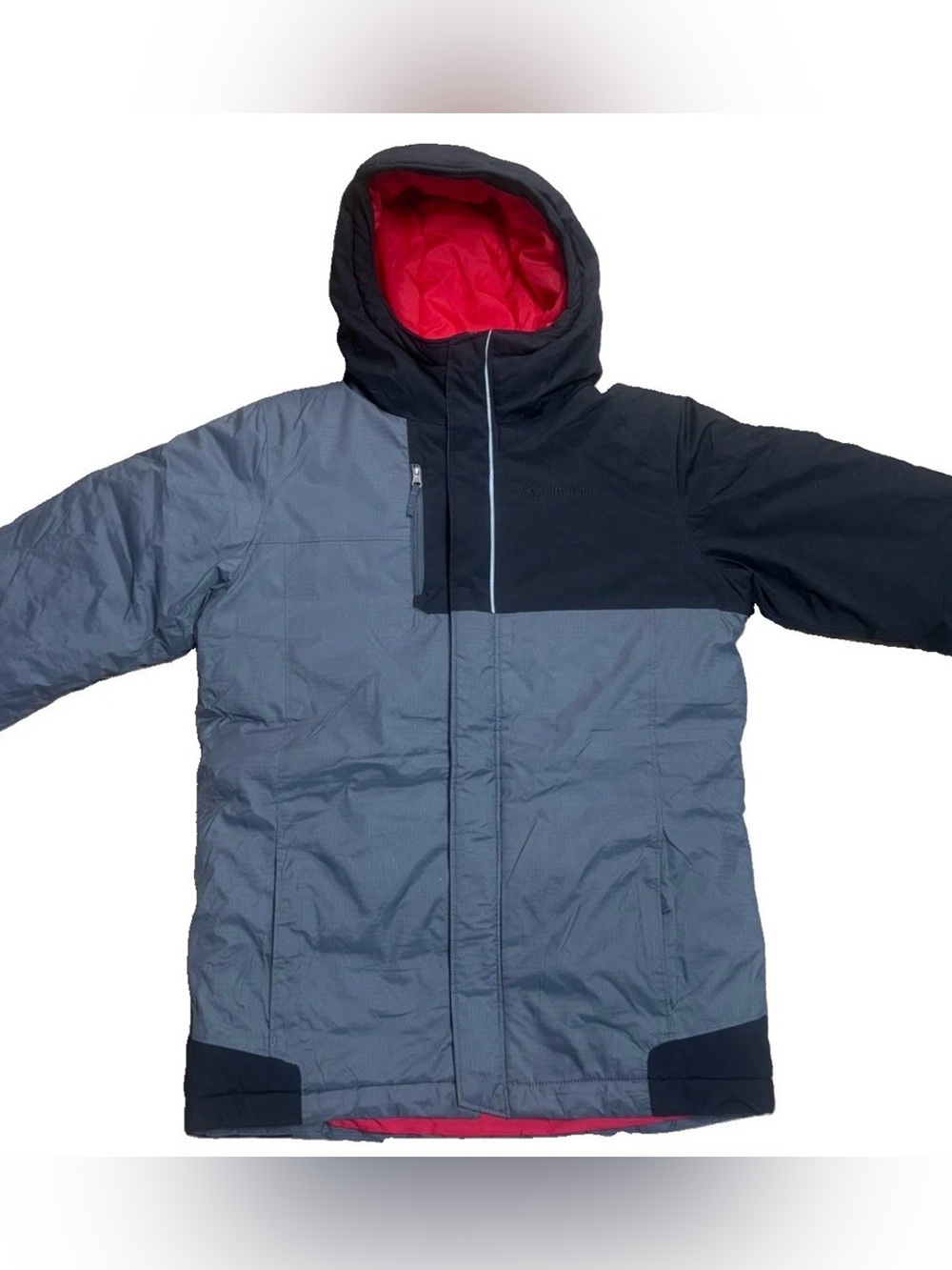Columbia Youth 10/12 Hooded Winter Jacket Gray Black Red Lining Insulated Coat